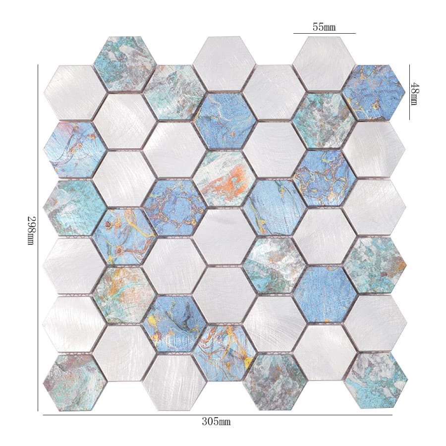 Hexagon aluminum mosaic tile sheet with brushed silver and oxidized blue finish in 305x298mm size.