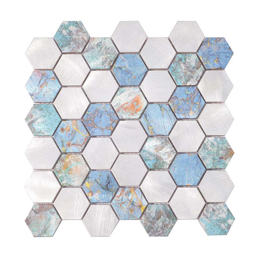 Front view of silver and blue hexagonal aluminum mosaic tiles with mixed finishes.