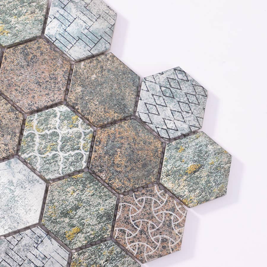 Close-up of the corner showing hexagon aluminum mosaic tiles with geometric and lattice prints.