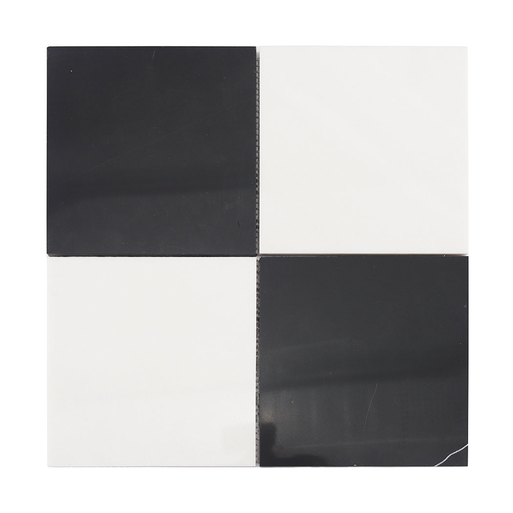 Front view of honed black and white checkerboard mosaic tile