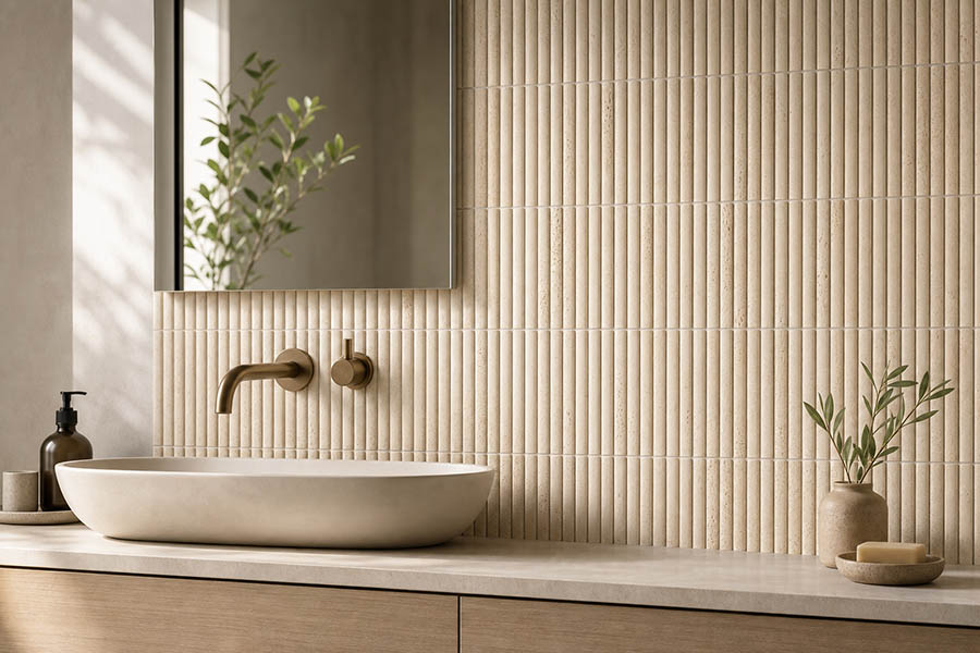 Honed travertine fluted tile vanity wall with matte stone texture