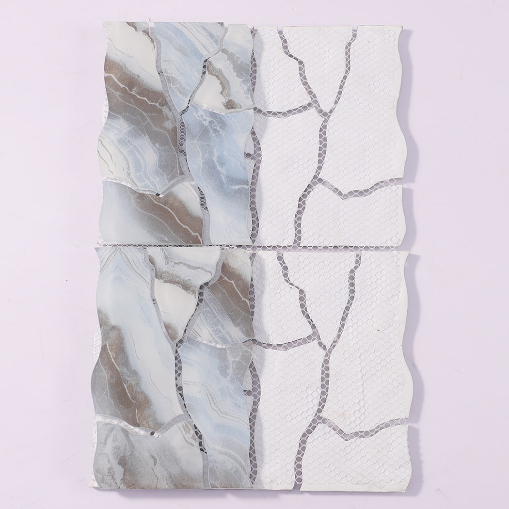 Back view of ice blue brown irregular glass mosaic tile sheet with mesh backing