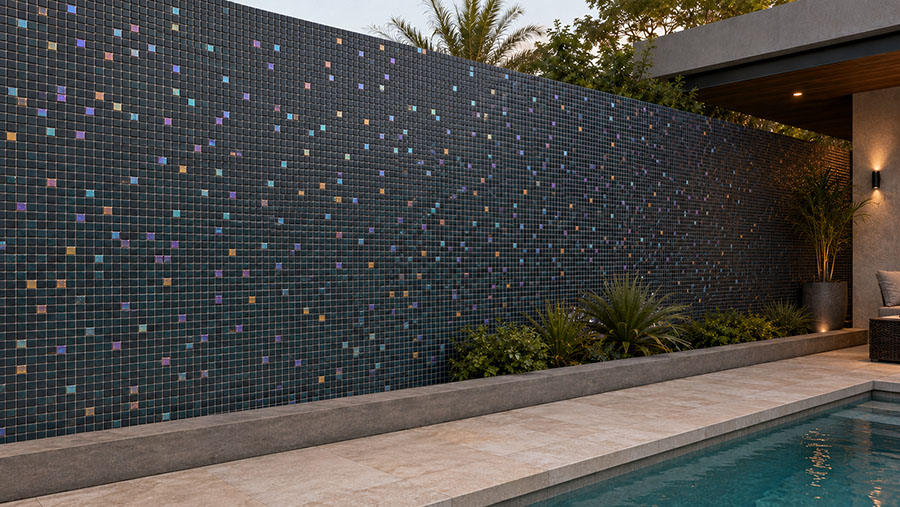 Iridescent black mosaic tiles covering a modern outdoor poolside feature wall