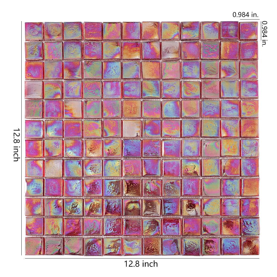 Iridescent glass mosaic sheet with size labels 12.8 inch and 0.984 in tiles