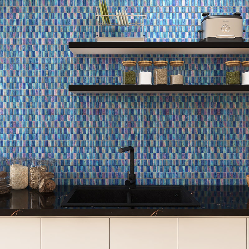 Shimmering blue and purple iridescent backsplash in a modern kitchen 