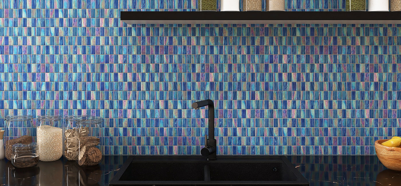 Shimmering blue and purple iridescent backsplash in a modern kitchen