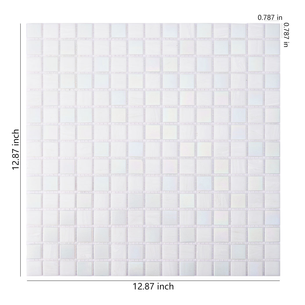 Square iridescent white glass mosaic sheet with 12.87 inch size labels