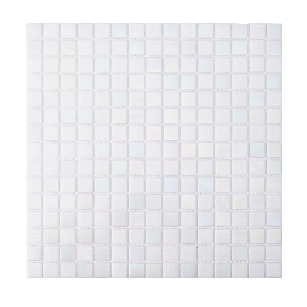 Front view of square iridescent white glass mosaic tile sheet