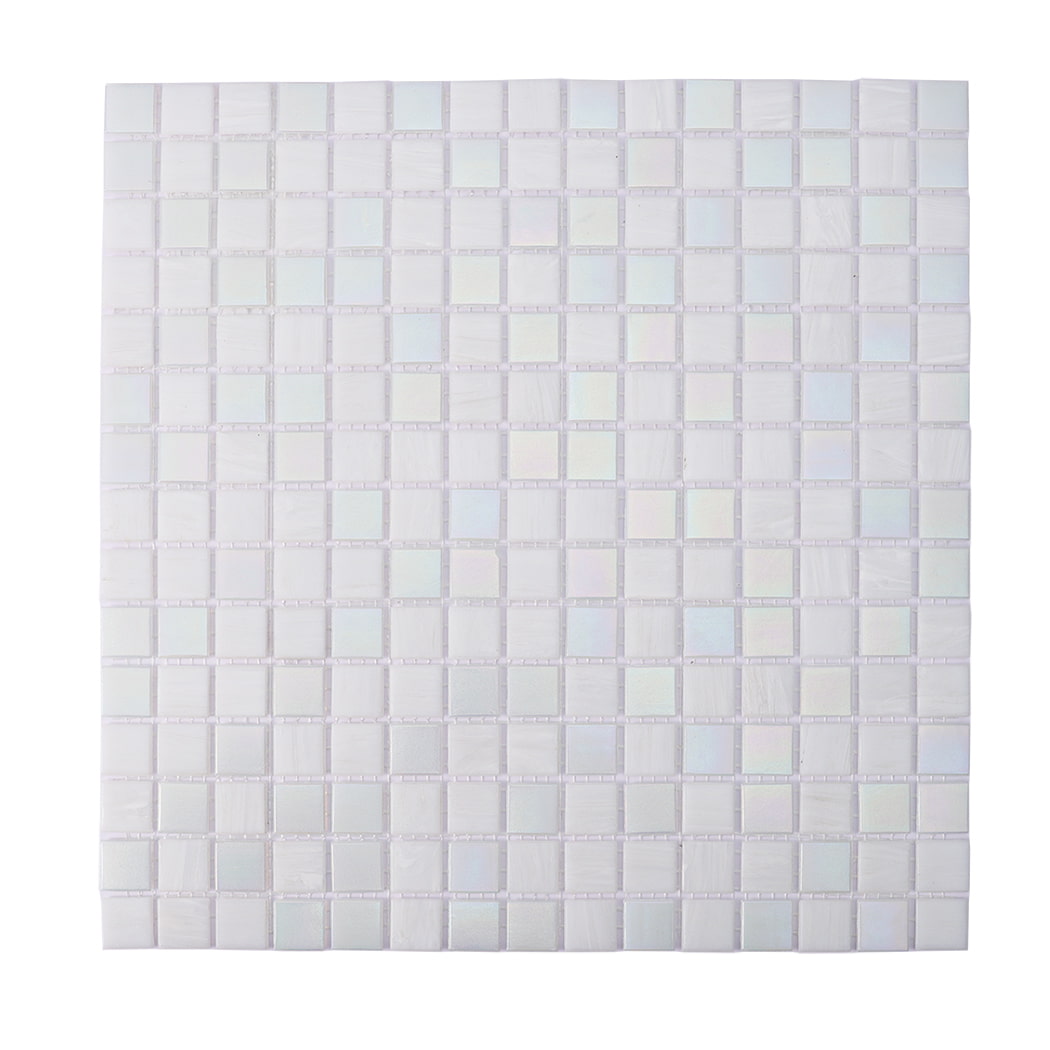 Front view of square iridescent white glass mosaic tile sheet