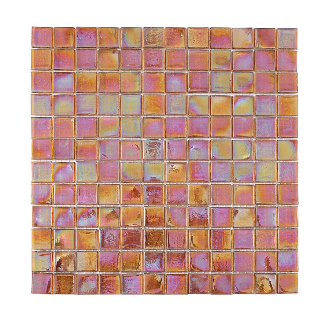 Front view of iridescent amber square glass mosaic tile sheet.