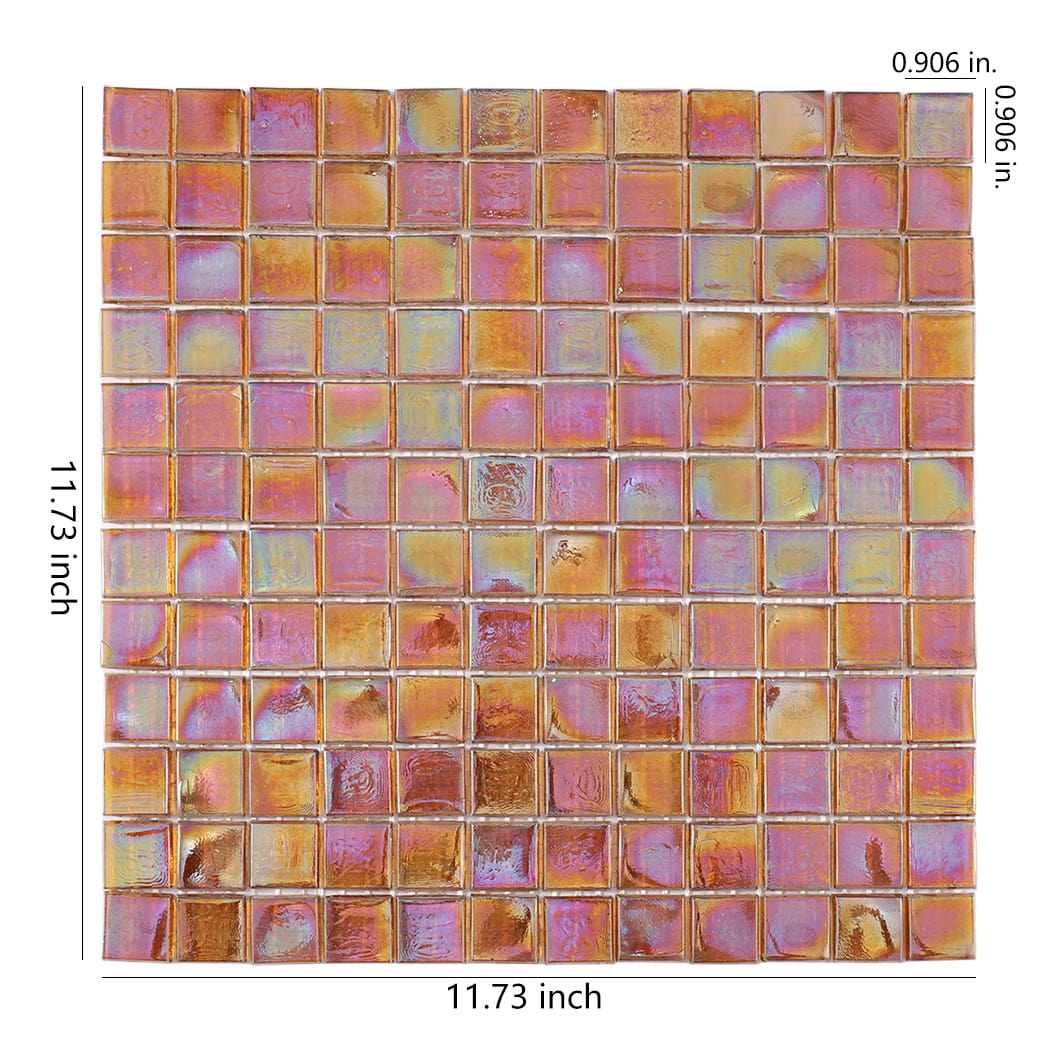 Iridescent amber square glass mosaic tile sheet with size measurements.