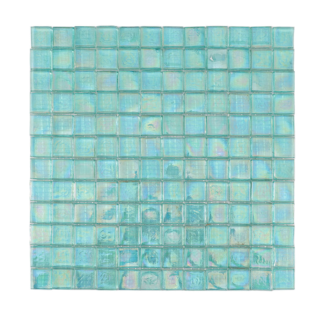 Full sheet front view of iridescent aqua square glass mosaic tiles.