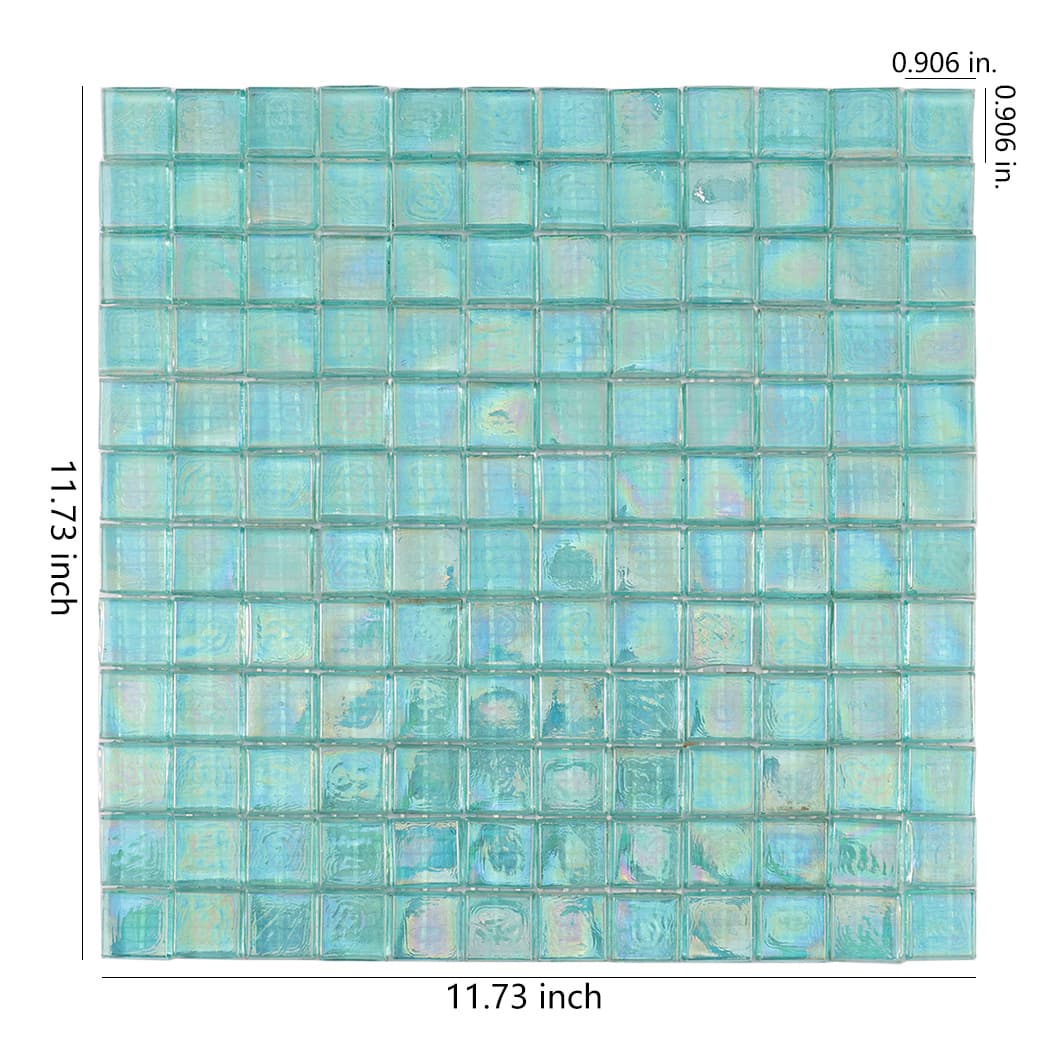Iridescent aqua square glass mosaic tile sheet with size measurements.