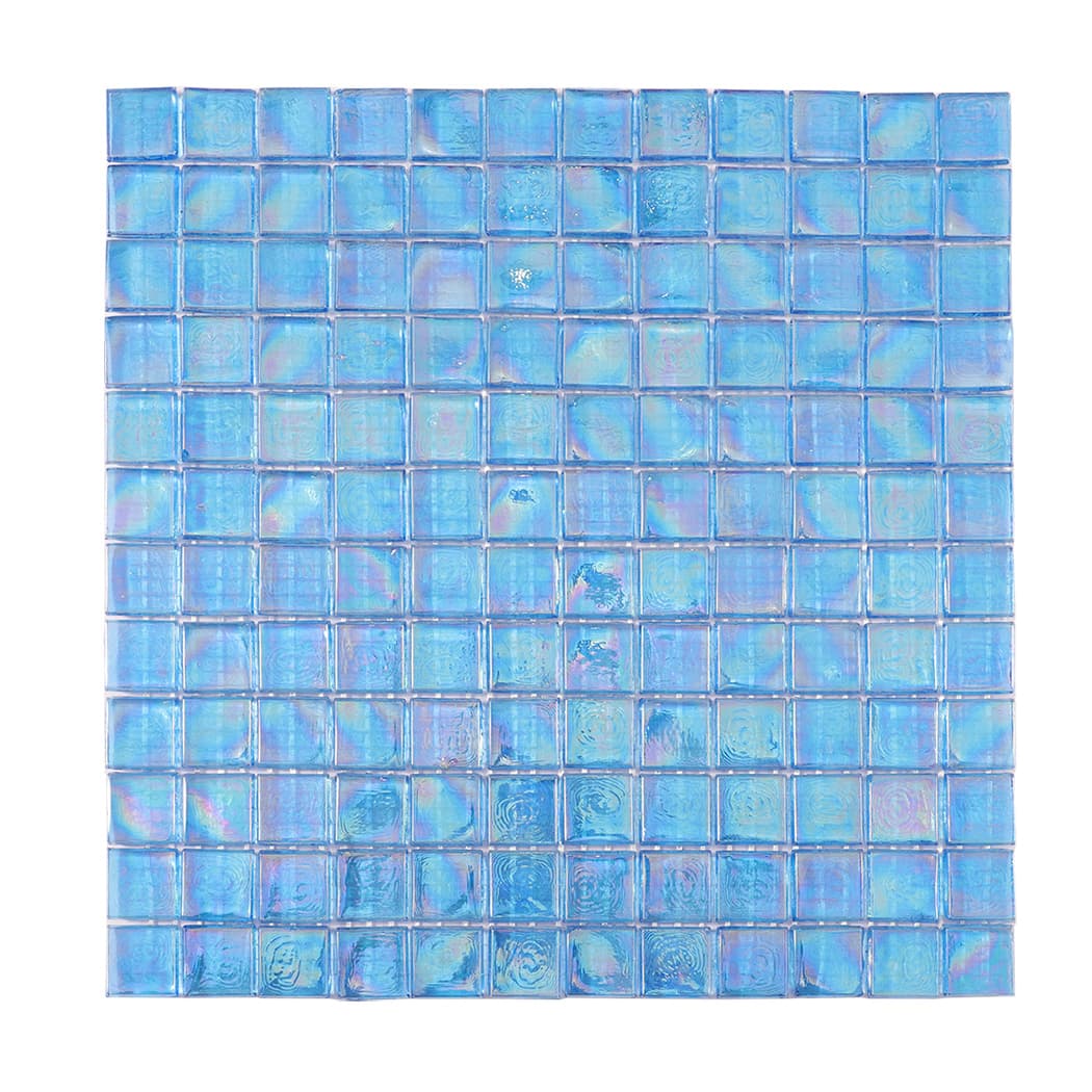 Front view of iridescent blue square glass mosaic tile sheet.