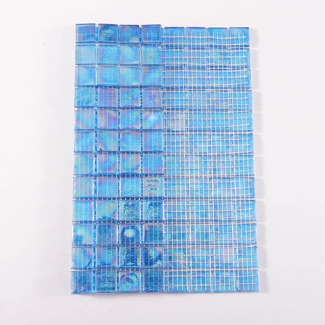 Mosaic sheet showing iridescent blue tiles and mesh backing.