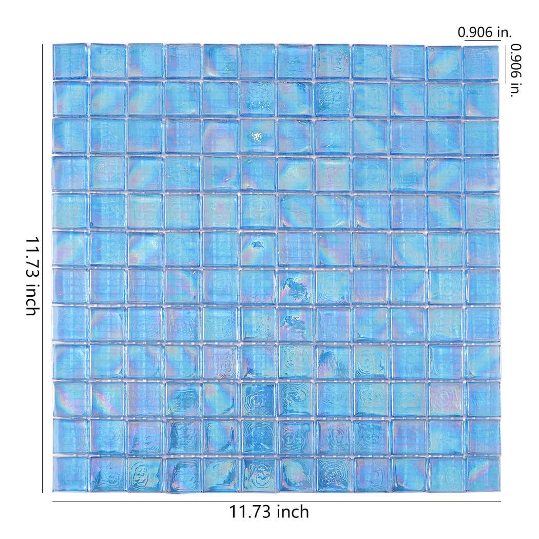 Iridescent blue square glass mosaic tile sheet with size measurements.