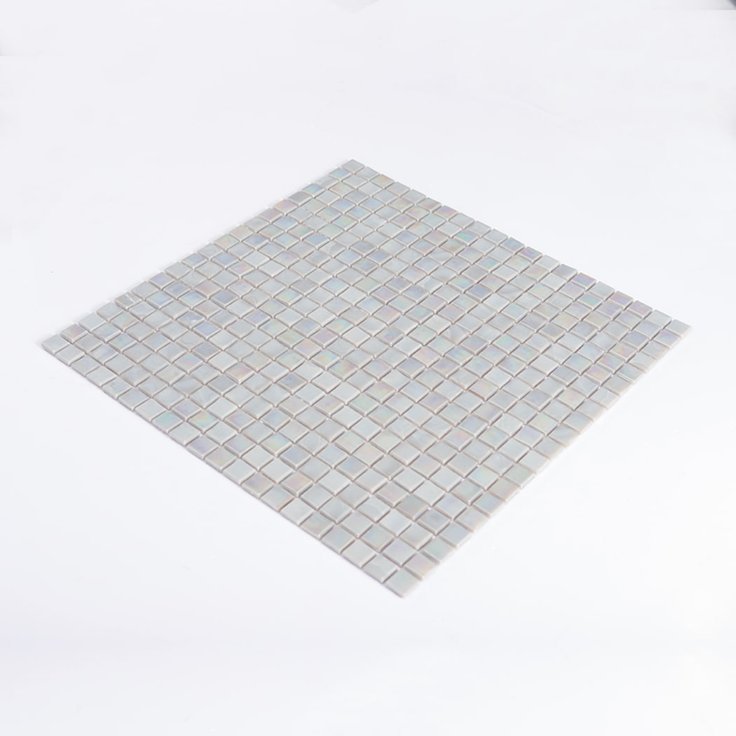 Perspective view of iridescent light gray square glass mosaic tile sheet