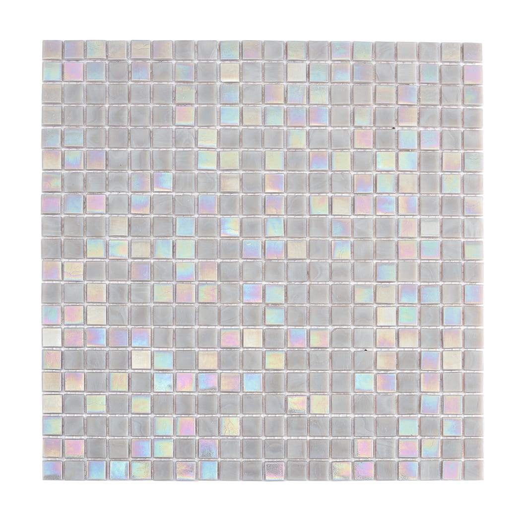 Flat layout of iridescent light gray square glass floor tiles with subtle rainbow reflections
