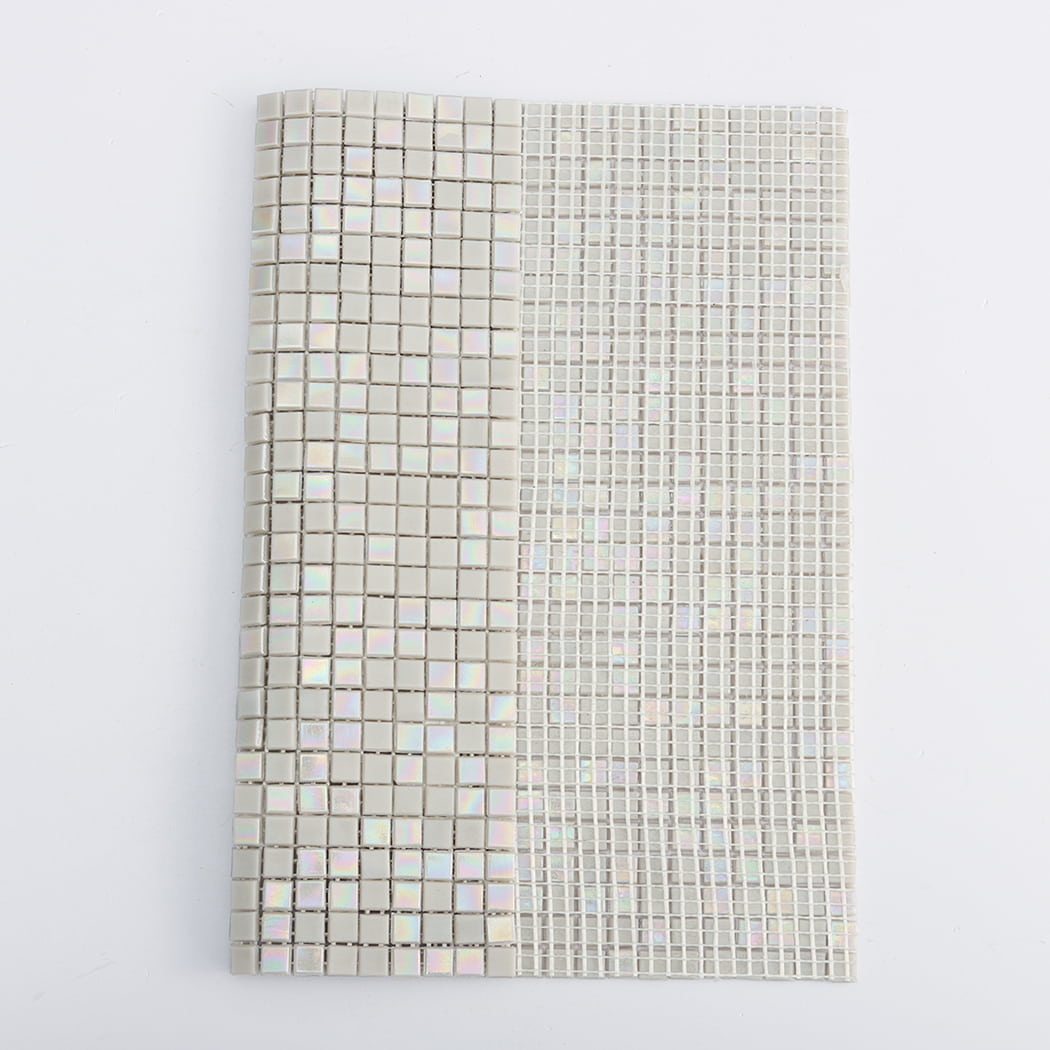 Front face and mesh backing of iridescent light gray water glass mosaic tile