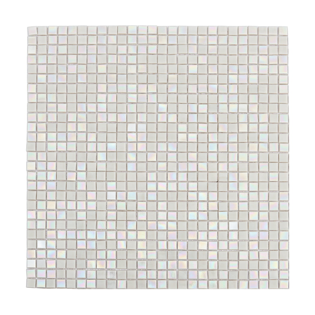 Full sheet view of iridescent light gray square water glass mosaic tiles