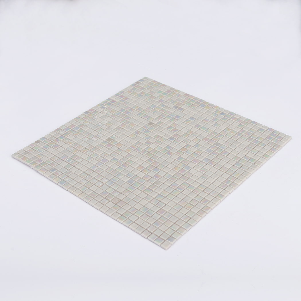 Perspective view of iridescent light gray water glass mosaic tile sheet