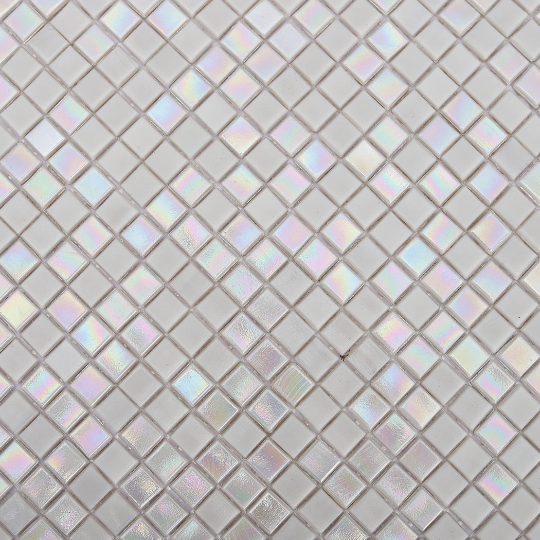 Texture detail showing the rainbow shimmer on light gray water glass mosaic tiles