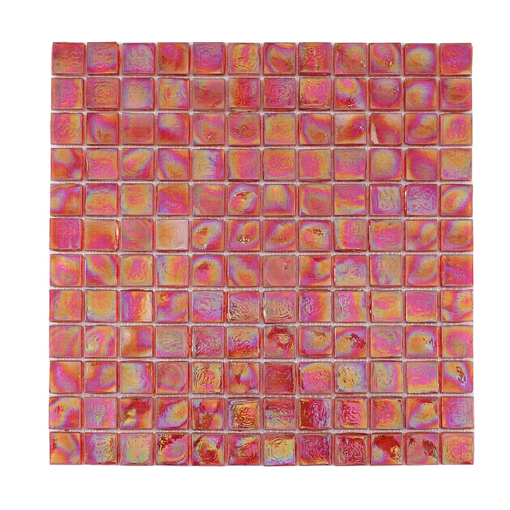 Front view of iridescent red square glass mosaic tile sheet.