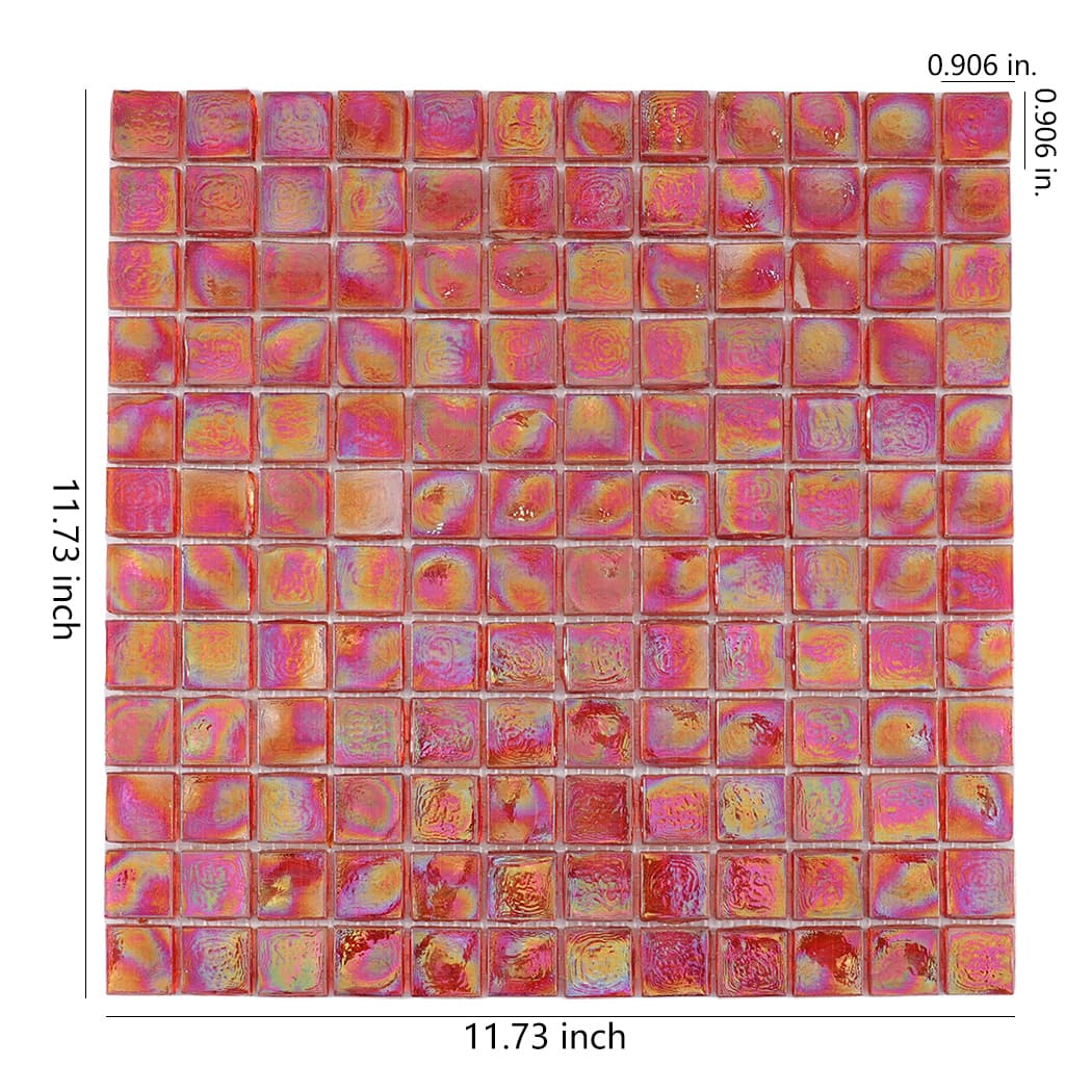 Iridescent red square glass mosaic tile sheet with size measurements.