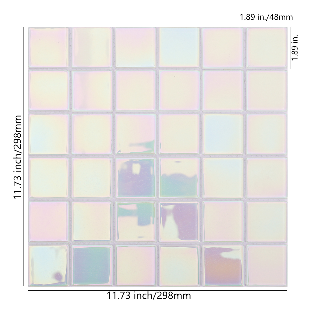 Iridescent square mosaic tile sheet with width and tile size dimensions in inches and mm.