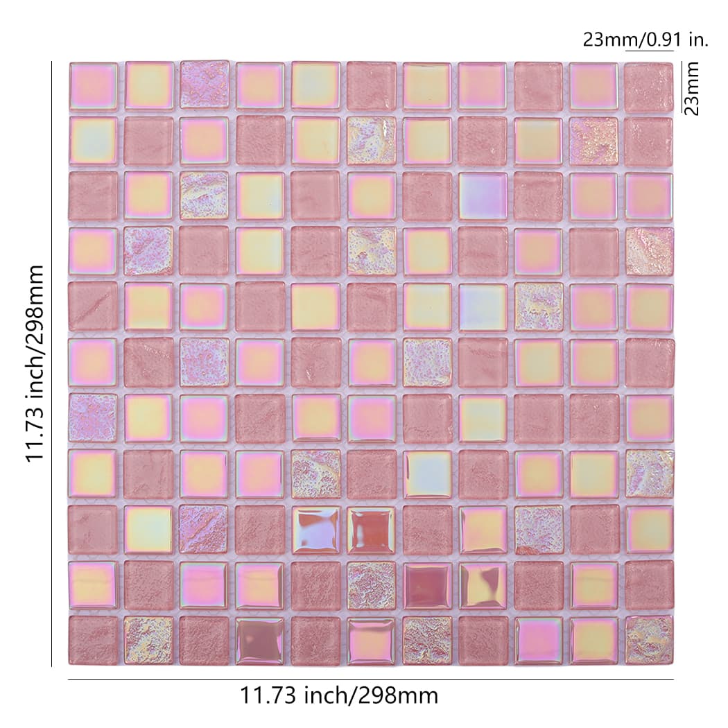 Pink square glass mosaic tile sheet showing 11.73 inch width and 0.91 inch individual size.