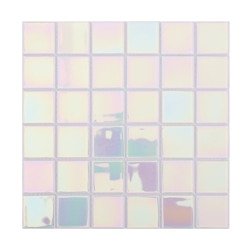 Full square sheet of white iridescent glass mosaic tiles showcasing pearly finish.