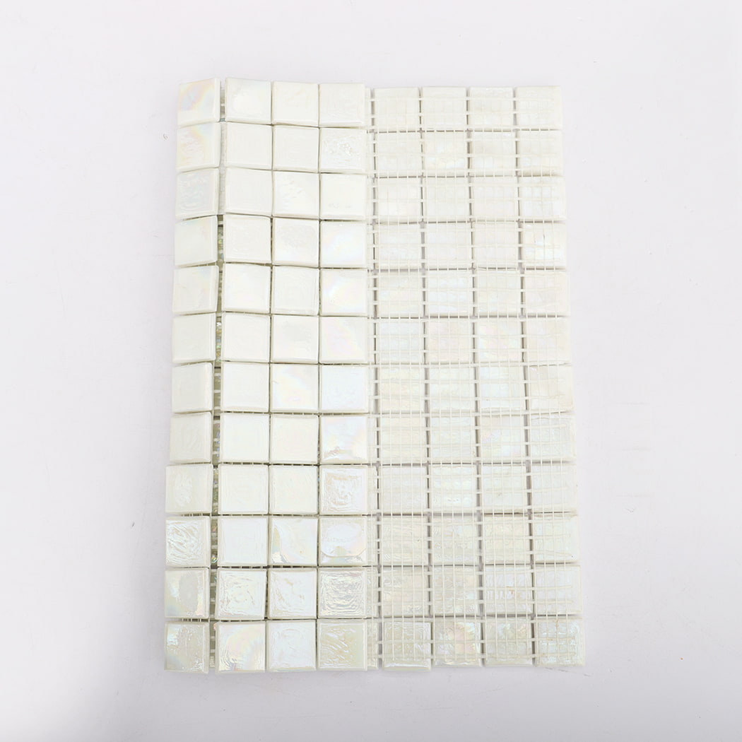 Mosaic tile sheet showing front tiles and mesh backing.