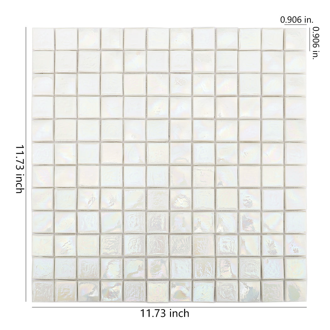 Iridescent white square mosaic tile sheet with size measurements.