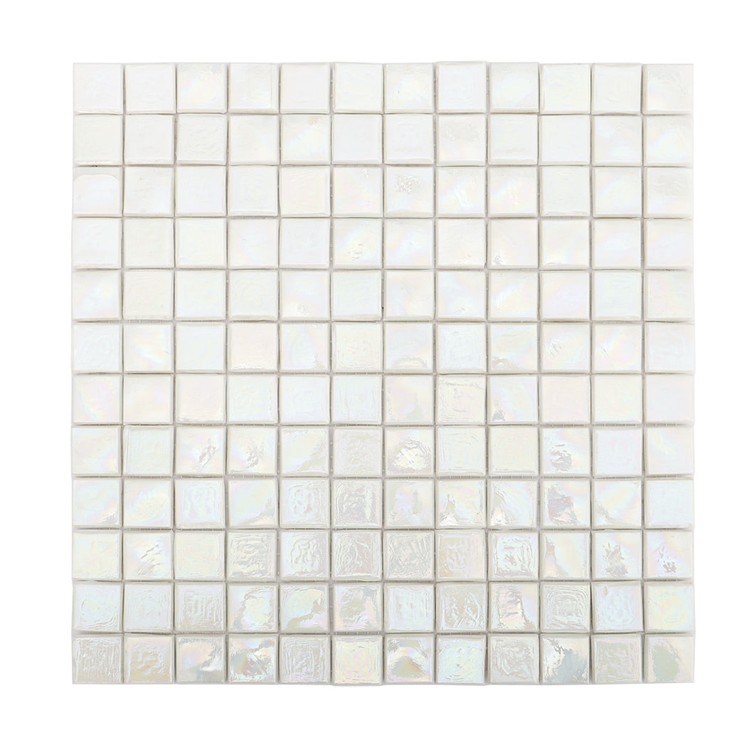 Front view of iridescent white square mosaic tile sheet.