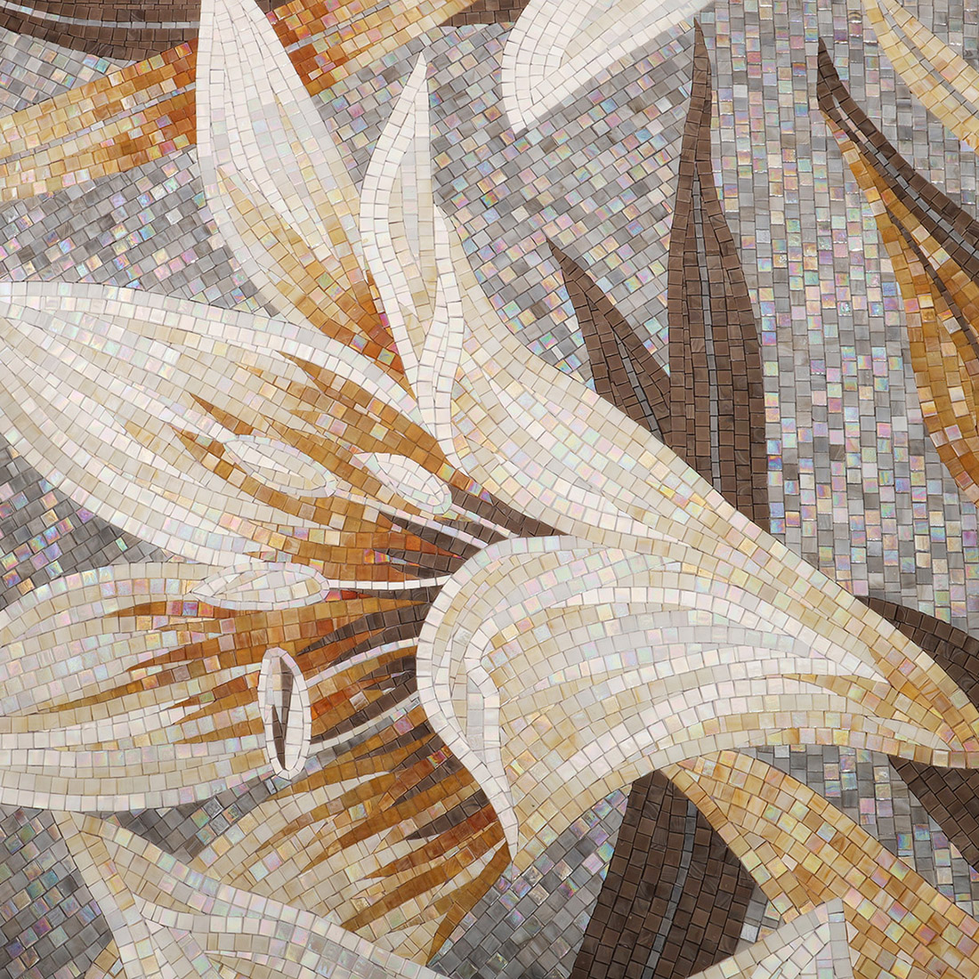 Large white lily mosaic wall mural with gray background and brown leaf details