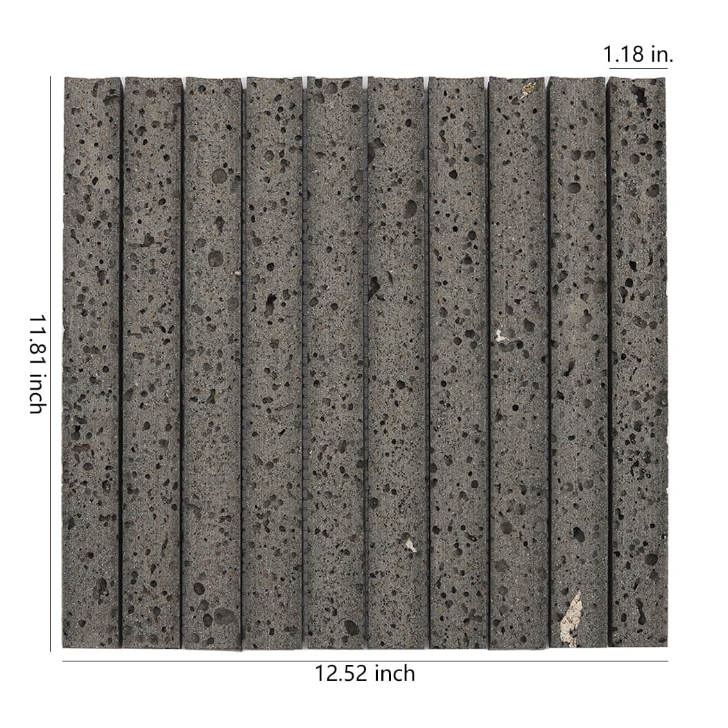 Front view of dark lava stone fluted mosaic tile with detailed dimension labels.
