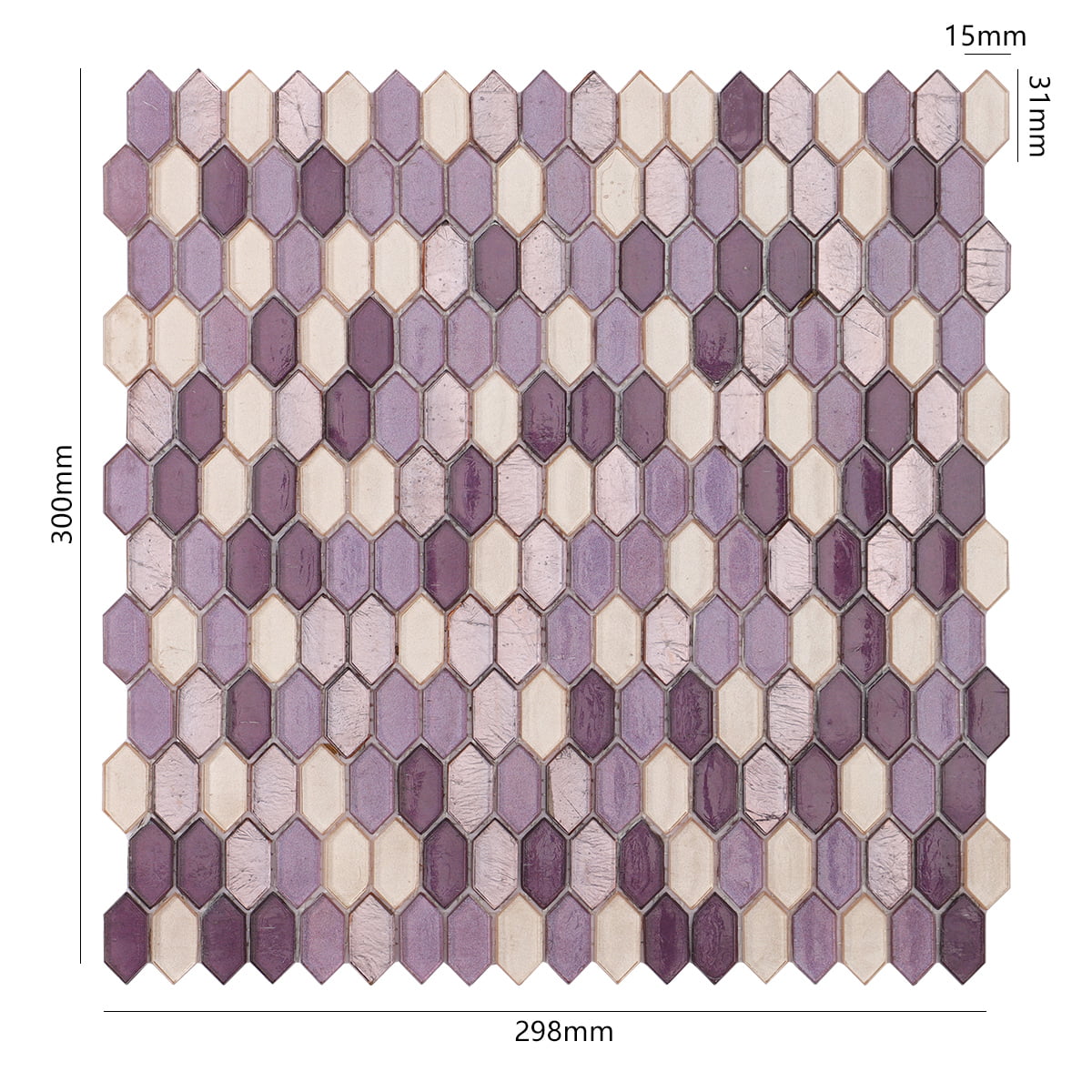 Lavender and cream hexagonal mosaic tiles in a chic, modern pattern