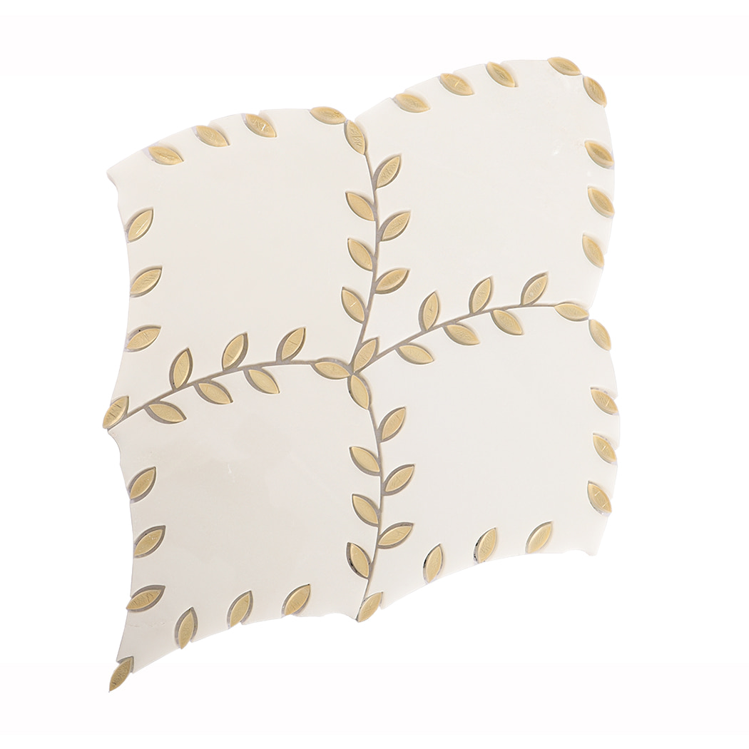 Front view of a marble tile featuring a gold leaf decorative pattern.