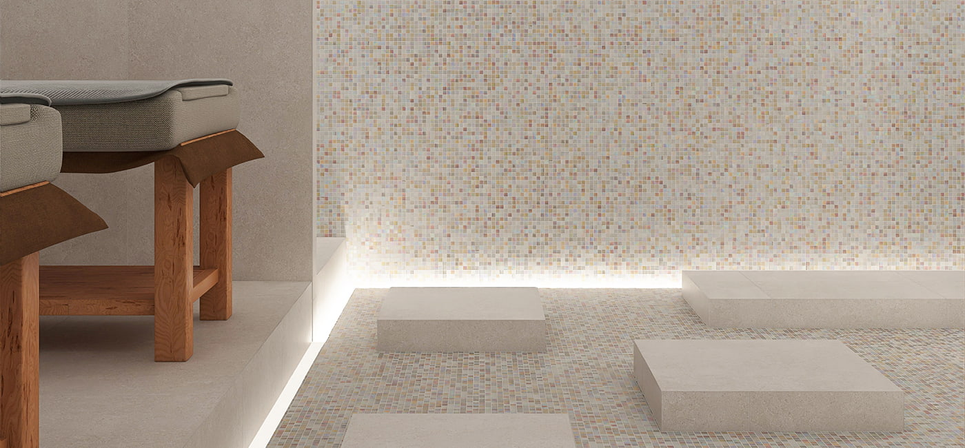 Light Beige Tile - Serene mosaic tiles creating a tranquil spa atmosphere.