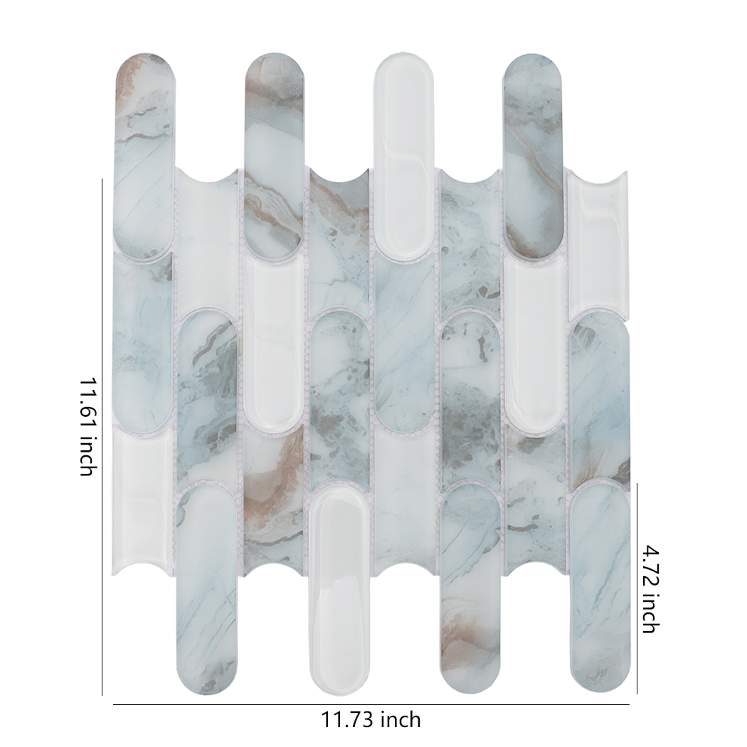 Light blue beige and white pill shaped glass mosaic tile with size dimensions