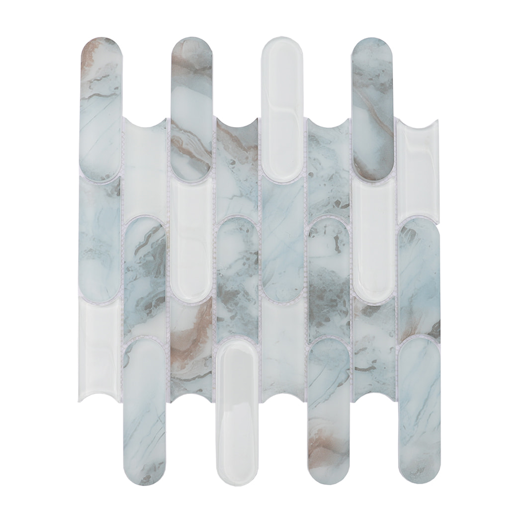 Light blue beige and white pill shaped glass mosaic tile sheet on white background