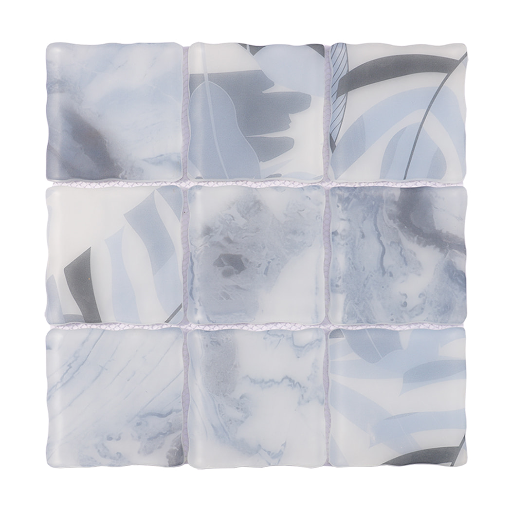 Light blue gray wavy square glass mosaic tile sheet with leaf patterns