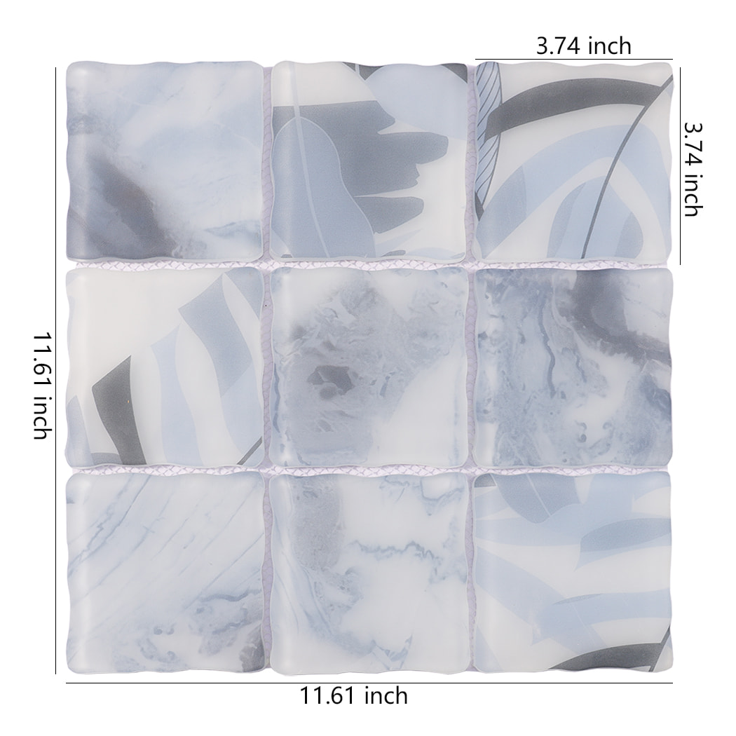 Light blue gray wavy square glass mosaic tile sheet with 3.74 inch pieces