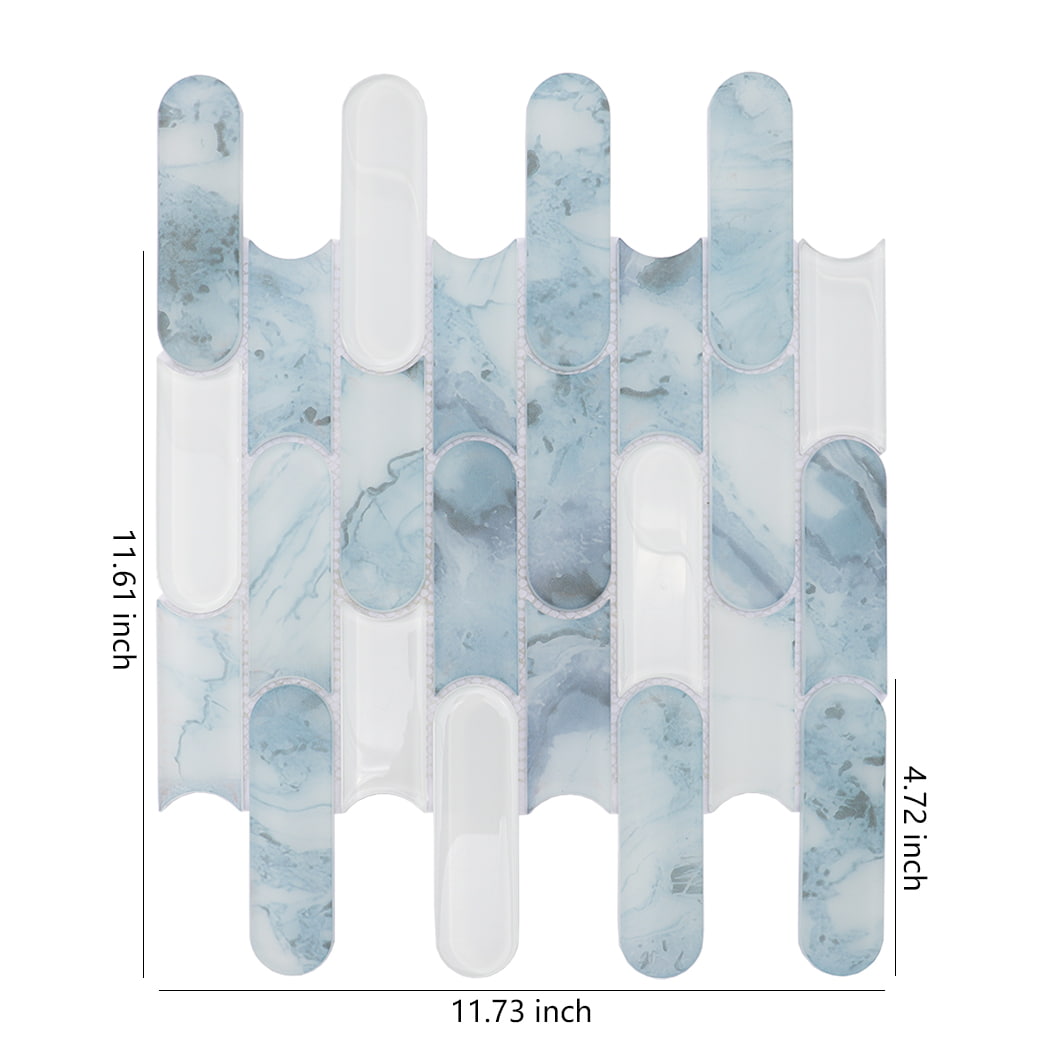 Light blue and white rounded linear glass mosaic tile with size dimensions