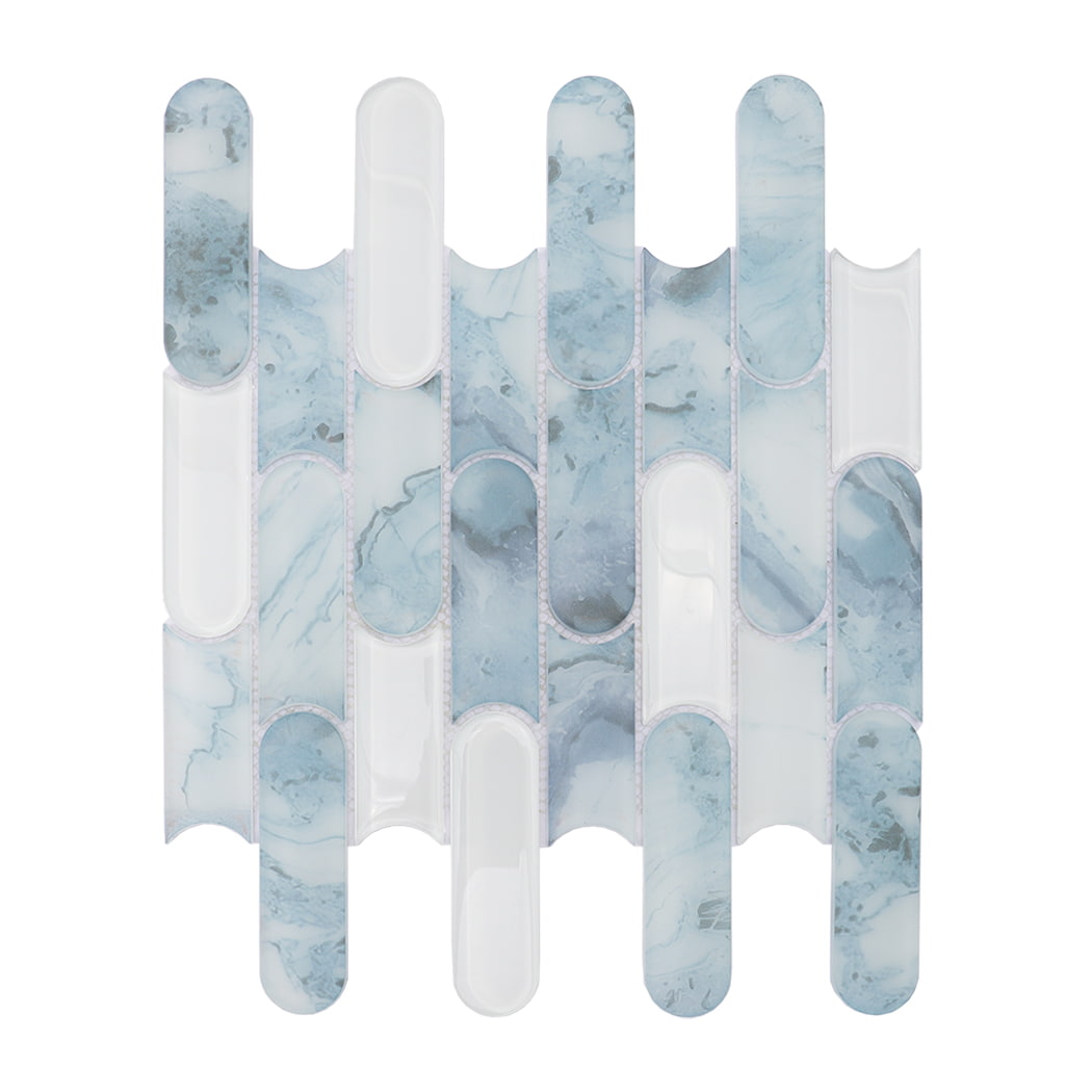 Light blue and white rounded linear glass mosaic tile sheet on a white background