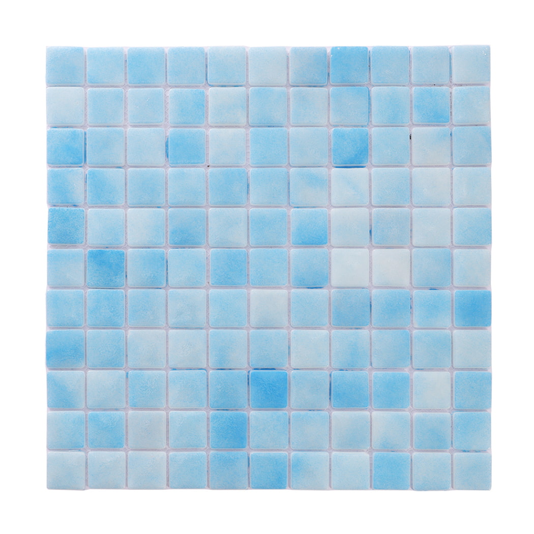 Front view of light blue recycled glass mosaic tile sheet