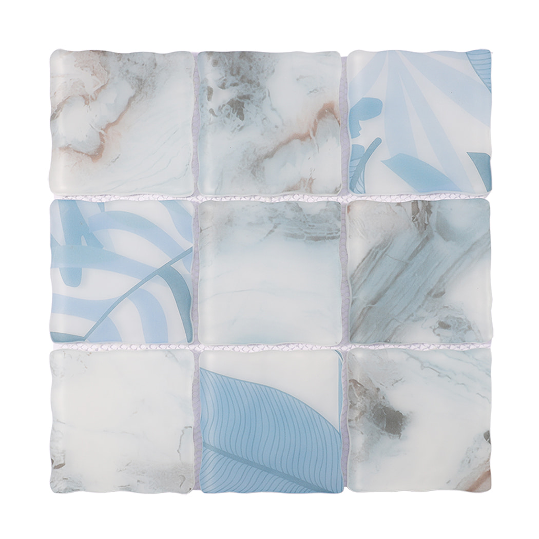 Light blue white wavy square glass mosaic tile sheet with botanical patterns