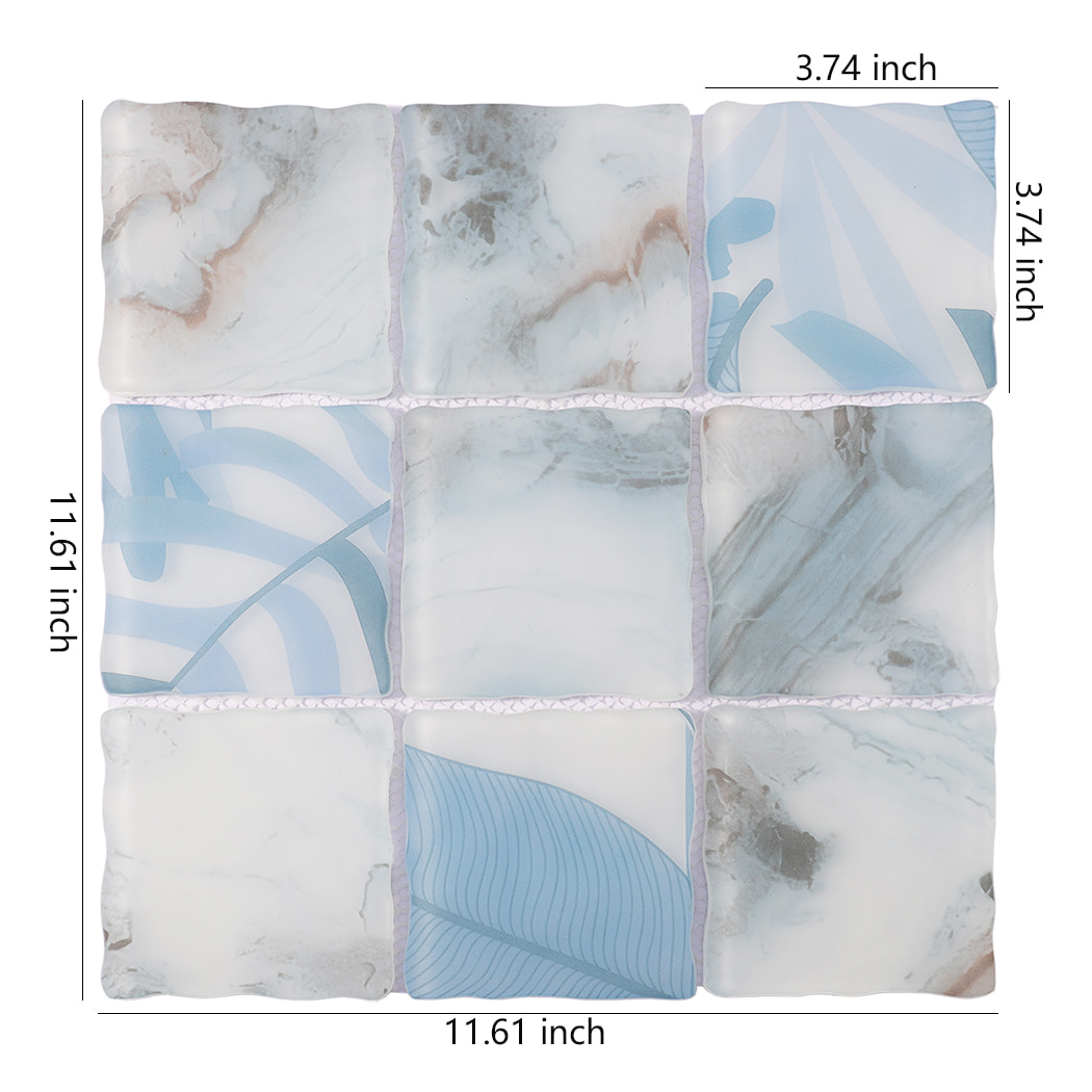 Light blue white wavy square glass mosaic tile sheet with 3.74 inch pieces
