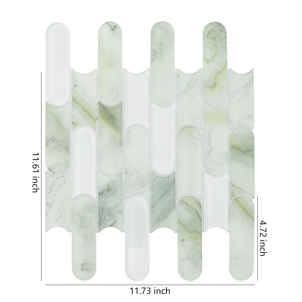 Light green marble and glass mosaic tile sheet with 11.73 by 11.61 inch dimensions