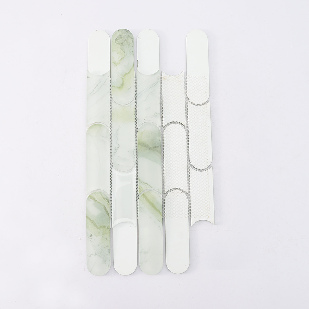 Back view of light green marble and white glass mosaic tile on mesh backing